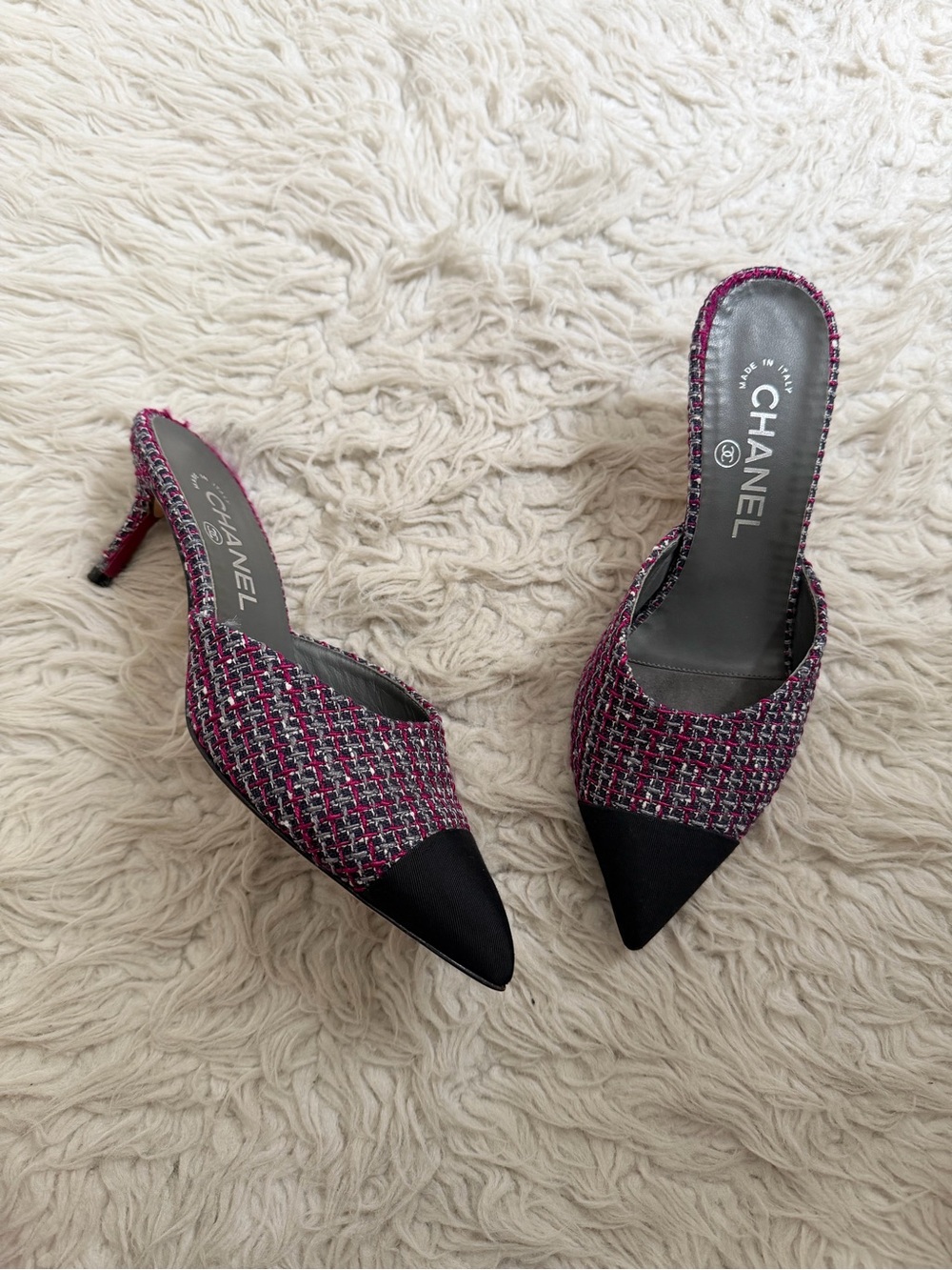 Chanel Tweed CC Logo Mule Heels